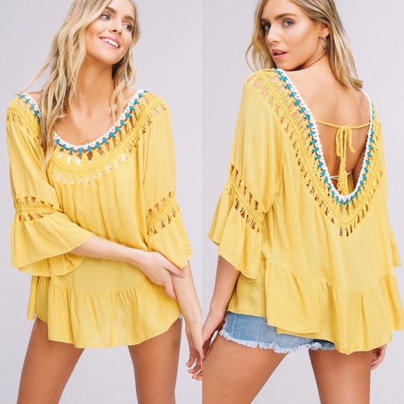 Glamvault Tops - Mustard Ruffle High Low Hand Crochet Top